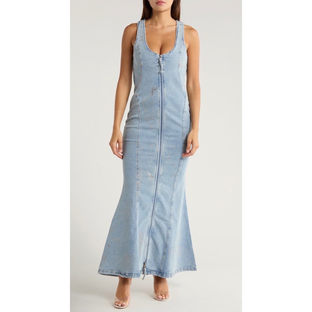 AFRM Kadence Maxi Dress Women XS Light Wash Blue Gold Metallic Finish Mermaid